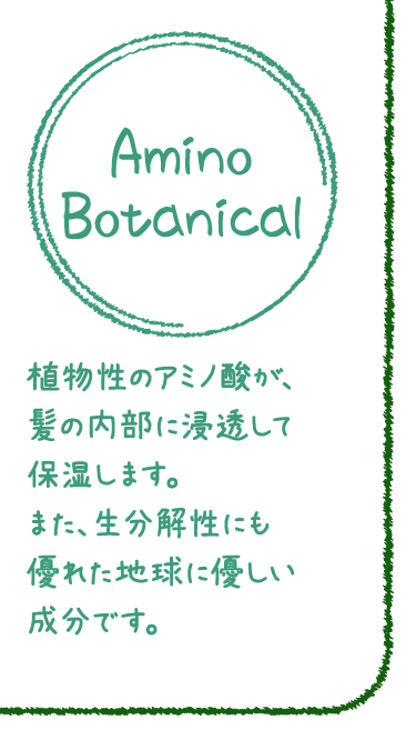 植物性のアミノ酸が、髪の内部に浸透して保湿します。また、生分解性にも優れた地球に優しい成分です。