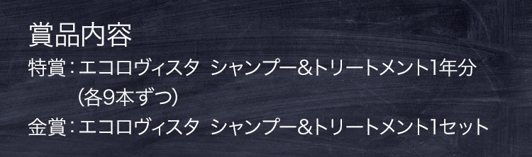 賞品内容 特賞：エコロヴィスタ シャンプー＆トリートメント1年分（各9本ずつ）　金賞：エコロヴィスタ シャンプー＆トリートメント1セット